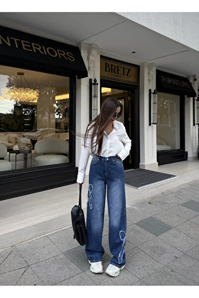 DAĞON'S Μπλε πλυμένο φαρδύ τζιν με κορδέλες