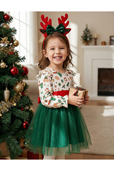 MiniKids Christmas dress with headband Gifts white-green 104 (3-4 years)