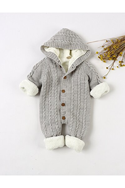 MiniKids Πλεκτή Χειμερινή Ολόσωμη Φόρμα Sky με Γούνα Γκρι 80 (9-12 Μηνών)