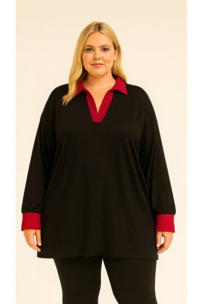 HÜLYA BUTİK Large Size Women's Black Red Black Striped Shirt Collar Blouse