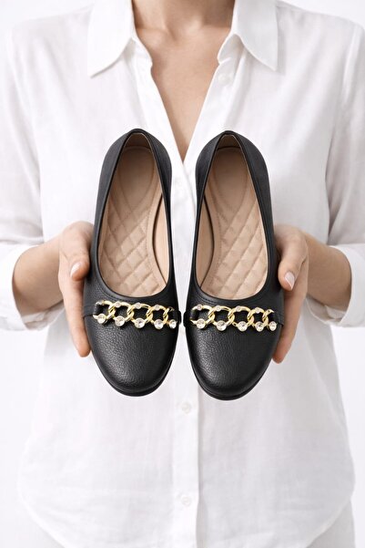 Slipcat Balerini plați cu lanț auriu și detalii din piatră pentru femei – Pan...