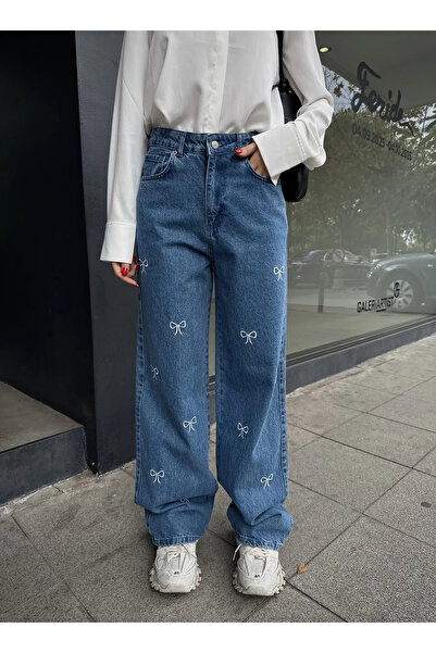 DAĞON'S Τζιν με φιόγκο και κέντημα, σε φαρδιά γραμμή