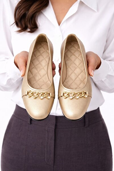 Slipcat Balerini plați cu lanț auriu și detalii din piatră pentru femei – Pan...