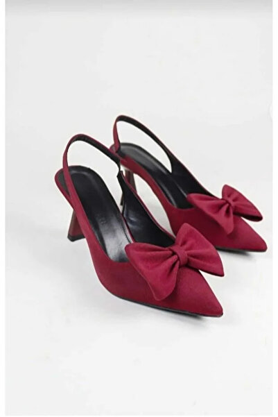zaınexpress Women's Bowknot Evening Dress Burgundy Fabric Heeled Shoes 7cm Heel