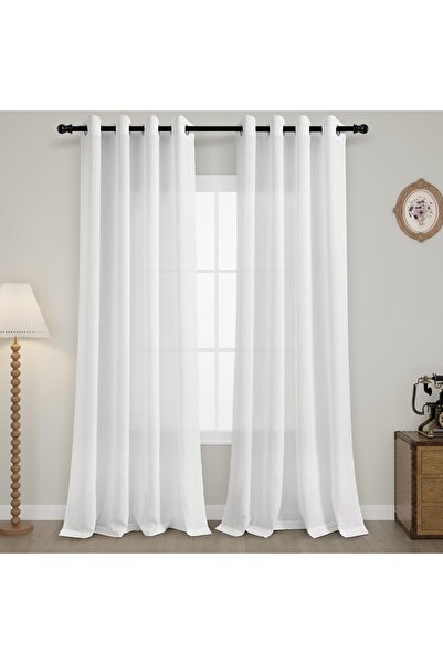Other Set of 2 Joywell Semi-sheer Curtains - Linen Look, Boho Style - White, ...