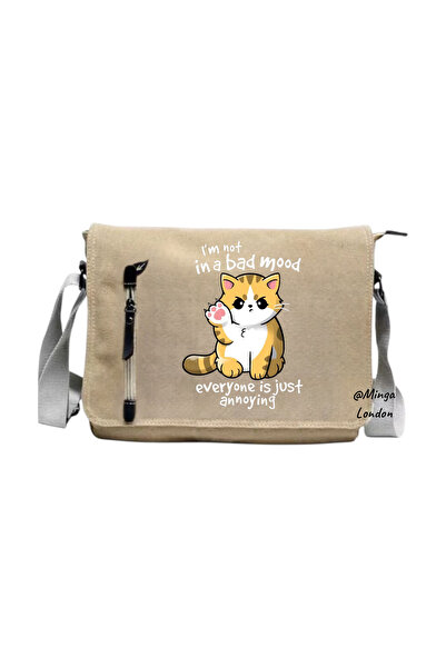 Minga London Beige Bad Mood Printed Messenger Bag -Mingalondon