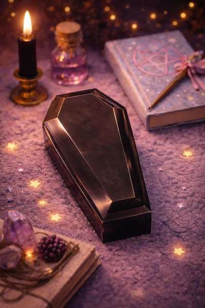 PELIUS Gothic Witch Theme Black Coffin Shaped Jewelry Mini Storage Box, Earri...