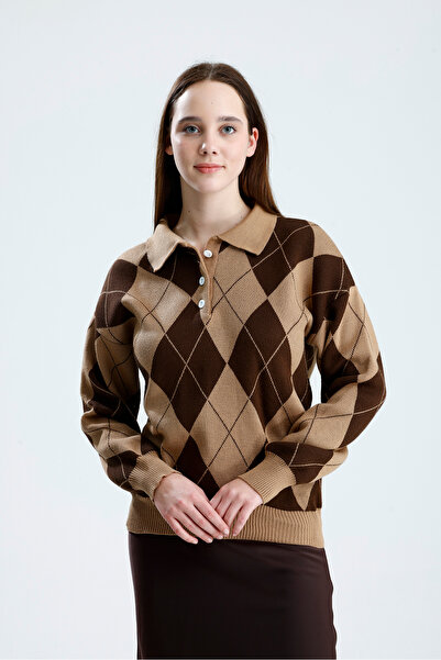 Rawanda Women's Polo Neck Diamond Pattern Knit Sweater