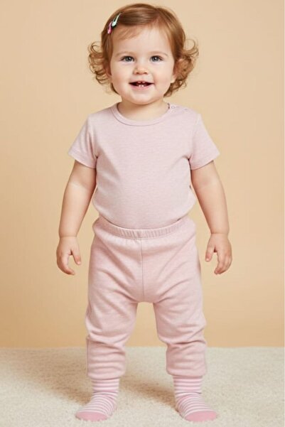 Fuar Baby بنطلون بناتي وردي فاتح 100% قطن مع جوارب مدمجة - بنطلون بناتي مع جو...