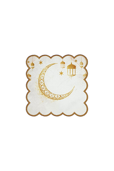 decofav Ramadan Themed Gold Lantern & Crescent Fabric Cocktail Napkin 1 Piece