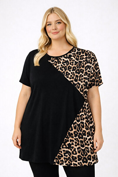 HÜLYA BUTİK Large Size Women's Black Color Cross Thin Leopard Print Short-Sle...