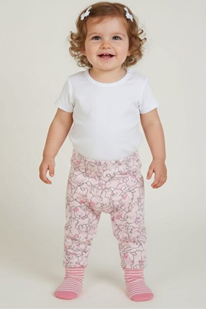 Fuar Baby Pembe Köpek Desenli %100 Pamuk Kendinden Çoraplı Kız Bebek Alt - Pa...