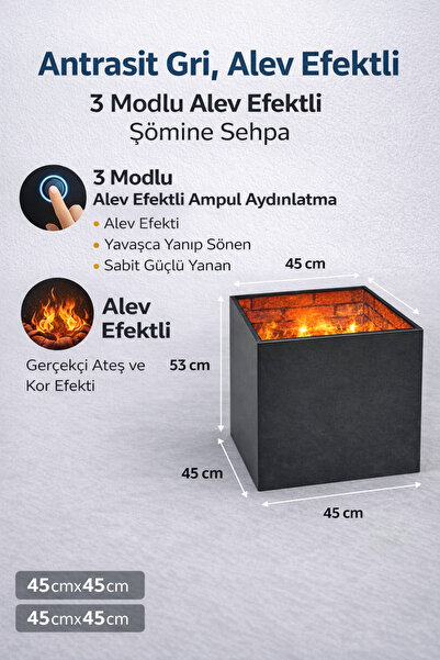 GÖKAS DESİGN Antrasit gri sonsuzluk temalı alev efektli kuyu sehpa