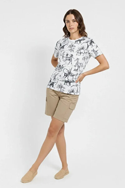 Kanonik Education White Dinosaur Pattern T-Shirt – Regular Fit, Crew Neck, Di...