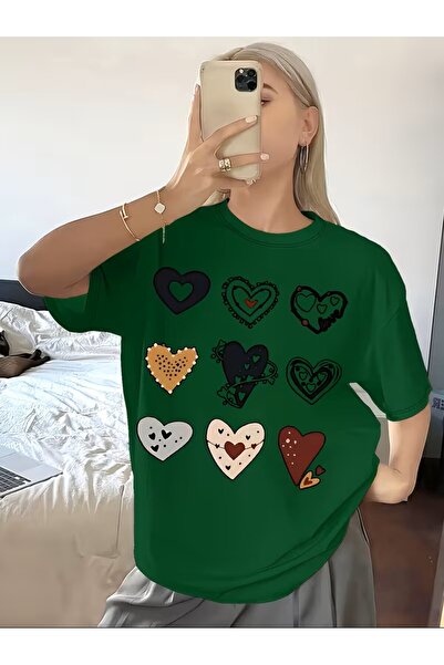 yombaa Colorful Heart Pattern Stylish Printed T-Shirt for Women, Cute and Uni...