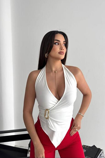 sunfyre Women's Buckle-Strap Halter Neck Sleeveless Draped Front Blouse Sun273