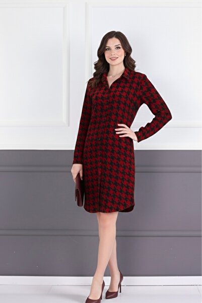Polologin Butik Burgundy Black Houndstooth Patterned Shirt Dress