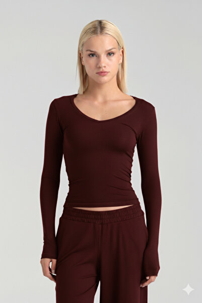 SHEISMONO Bluză ultra moale cu decolteu în V, roșu claret