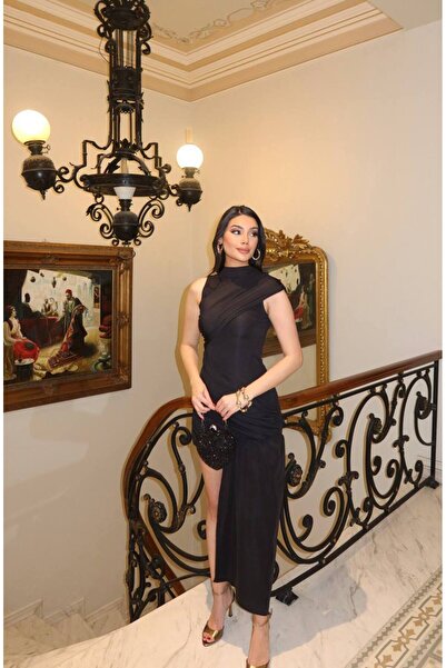 EEES DALGIÇ KUMAŞ DRAPELİ KUYRUK DETAY PARTY ELBİSE