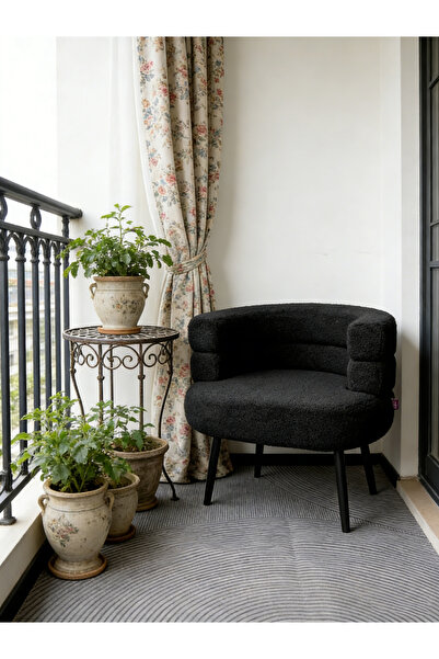 Evatilyoo Black Lamb Velvet Round Barrel Arm Chair, Upholstered Cushion Makeu...