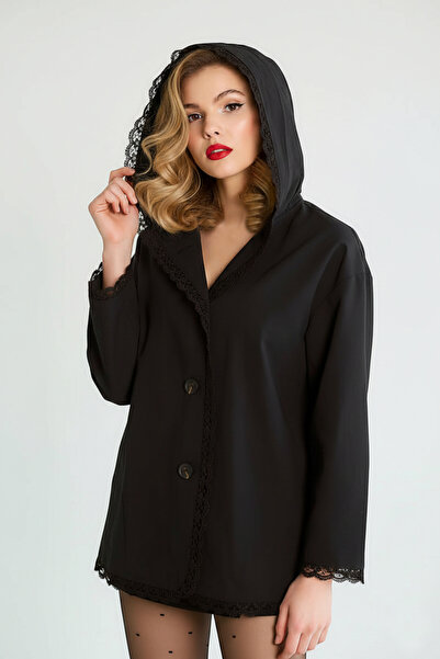 BIGNUANCE Women's Lace Detailed Hooded Black