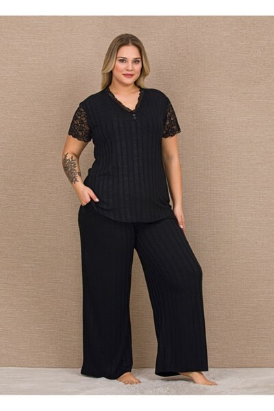 by İGP Black Lace Short Sleeve V-Neck Wide Leg Plus Size Women's Pajama Set