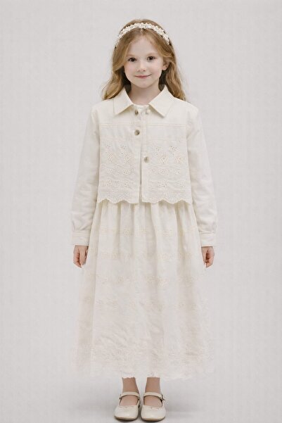 Tarz Çocuk Girl's Ecru Jacketed Long Dress 7-14 Years - 2-Piece Set with Brod...