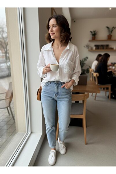 ASL WOMAN Kadın Beyaz Oversize Tek Cepli Transparan Dokulu Gömlek – Rahat Kes...