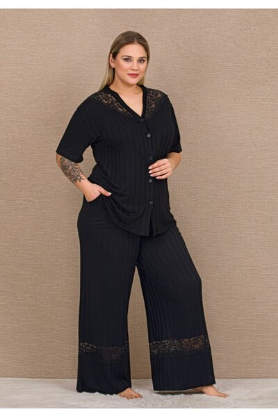 by İGP Black Short Sleeve Wide Leg Front Buttoned Plus Size Women's Pajama Set