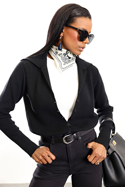 5in1Canpolat Black Polo Collar Buttoned Sweater Tk261008