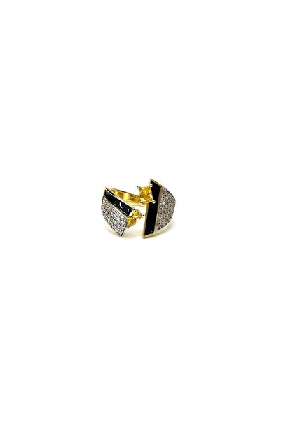 rosen accessories Siyah Gold Zirkon Taşlı Üstten Ayarlanabilir Yüzük