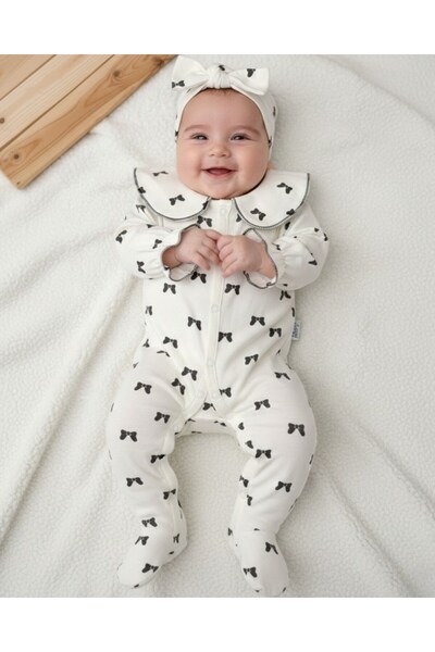 VOY KİDS Baby Girl Bowknot Printed Collar Detailed Bandana 3-6-9-12 Months 10...