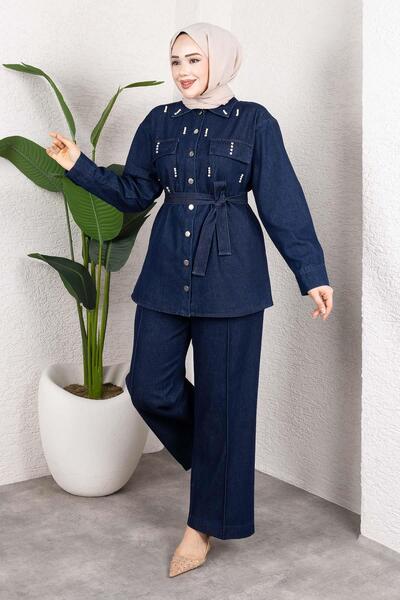 MİSSKAYLE Stone Detailed Belted Denim Hijab Suit Dark Blue
