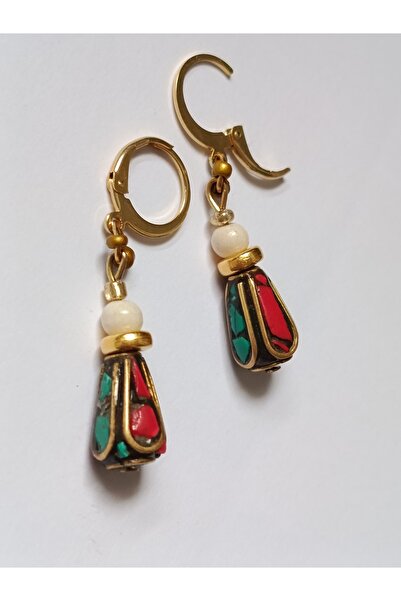 TREND Coral & Turquoise Inlaid Handmade Nepalese Bead Design Earrings Bohemia...