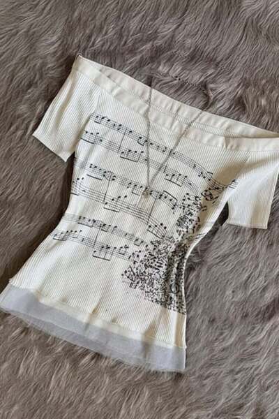 Köstebek Ecru Notated Madonna Collar Short Sleeve Blouse