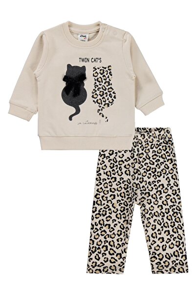 Civil Baby Leopar Kedi Baskılı 6-18 Ay Takım - Bej 9-12 Ay
