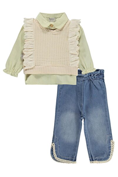 Kumru Luxury Textile Ruffle Sweater 3-Piece Jeans Set for 6-18 Months - Green