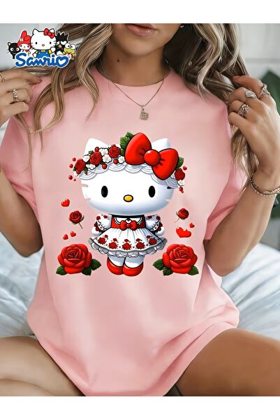 oneagılyazı Sanrio velika majica Hello Kitty crna bela roza majica | širok kroj