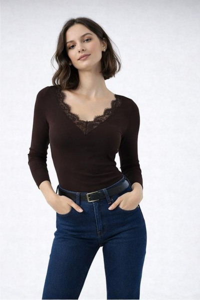 LOVES AGAZA Lace Trimmed V-Neck Viscose Blouse