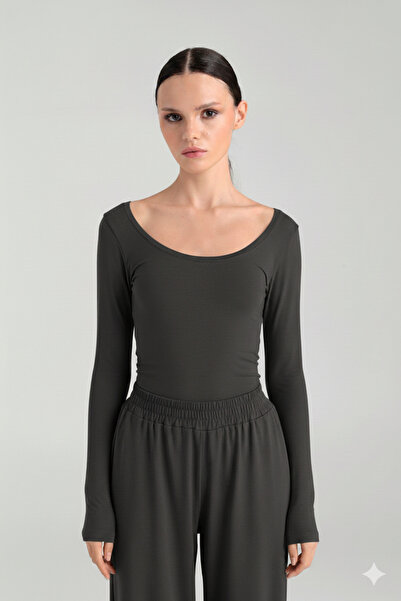 SHEISMONO Ultra Soft Oval Yaka Bluz Füme