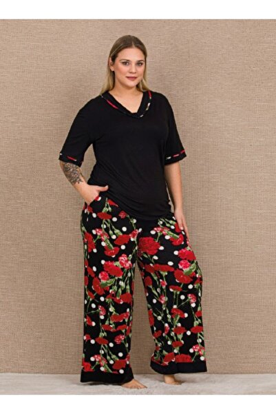 by İGP Black Short Sleeve Wide Leg Plus Size Women's Patterned Pajama Set wit...