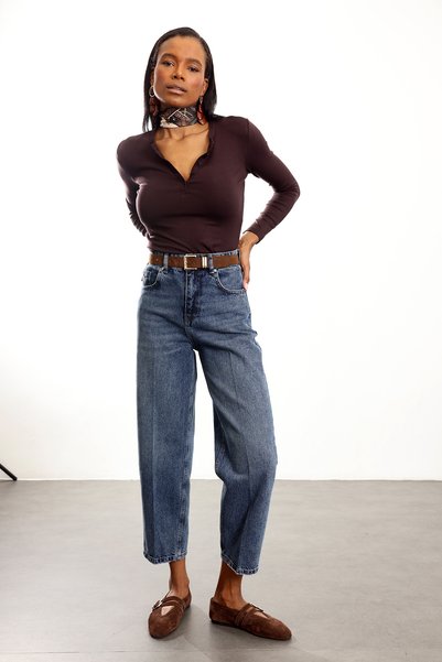 5in1Canpolat Yıkamalı Mavi Kemerli Baggy Jean 3010