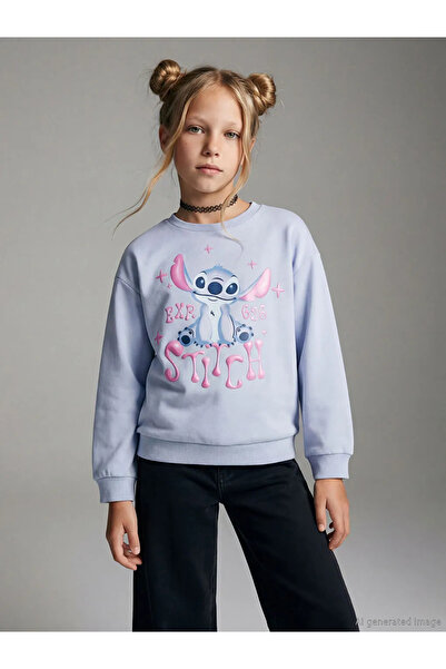 LC Waikiki Μπλε φούτερ για κορίτσια με στάμπα Stitch