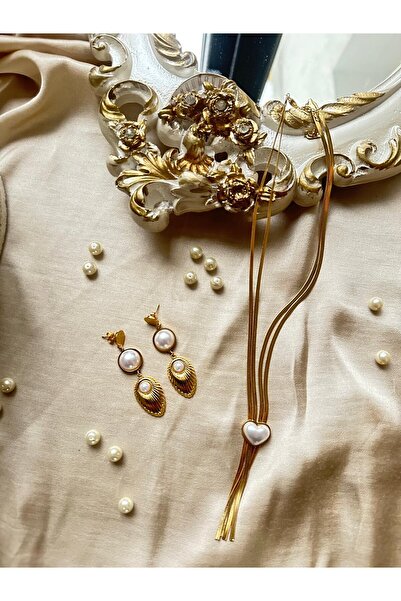 SİDRELLA JEWELRY 316L ÇELİK Gold İnci Detaylı Kadın Kolye Küpe Seti