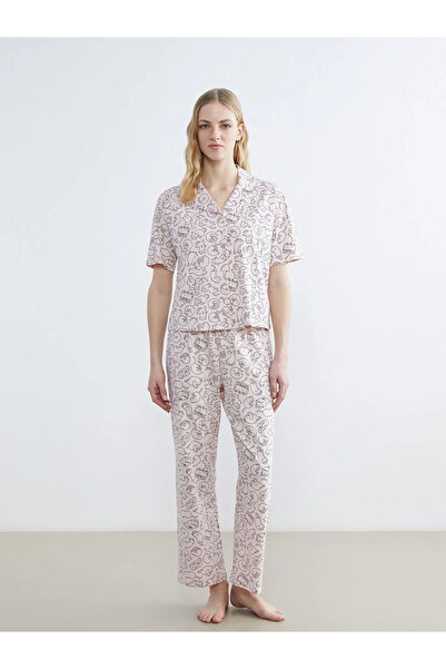 LC Waikiki Pink Shirt Collar Cat Printed Women's Pajama Set