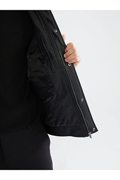 LC Waikiki Black Standard Fit Fur Collar Men's Leather-Look Coat