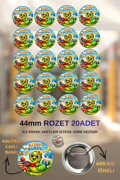 tuse rozet dükkanı Kitap Kurdu Okul Rozeti 44mm 20 Adet – Öğretmen Ödül Rozeti