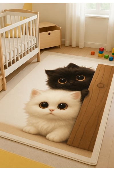 SSC Dekor Kedi Desenli Halı - Yıkanabilir Kaymaz Taban Antialerjik Çocuk Odas...