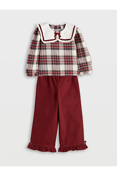 LC Waikiki Bordo crvena bebi kragna Karirano Djevojačka bluza i pantalone