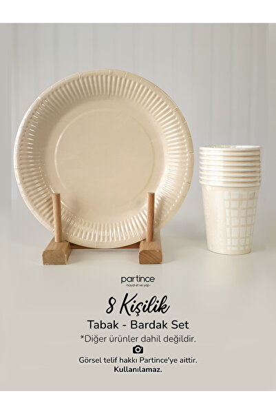partince 8 Kişilik Düz Krem Tabak Bride Kullan At Karton Tabak Bardak Parti Seti